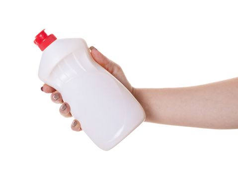 bottle with detergent in hand on white isolated background
