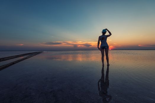 Beauty sunset on salty lake in Altay, Siberia, Russia