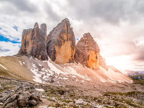 Tre Cime di Lavaredo, aka Drei Zinnen, rock formation in Dolomites, Italy.