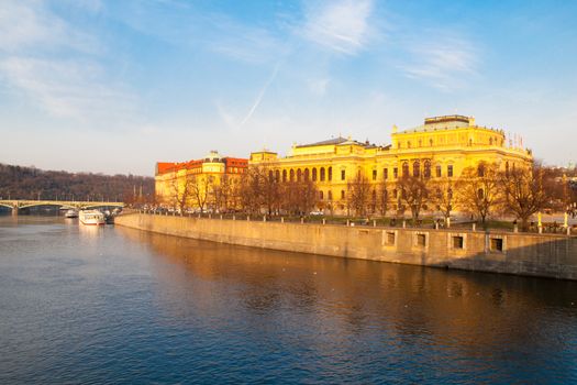 Vltava embankment with historical building of Rudofinum, Prague, Czech Republic.