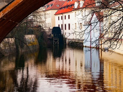 Certovka, Devil River, with watermill wheel at Kampa Island, Prague, Czech Republic