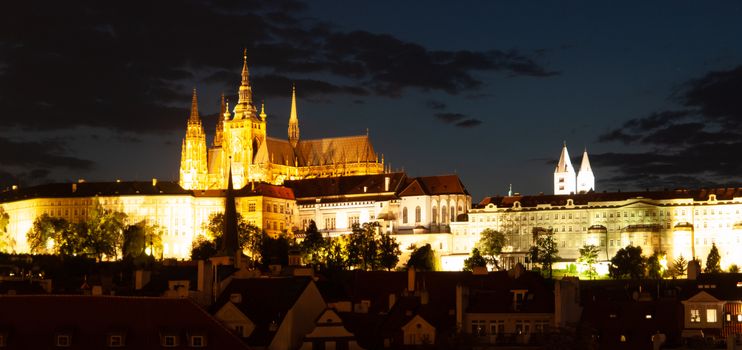 Hradcany with Prague Castle and St Vitus Cathedral by night. Prague, Czech Republic.
