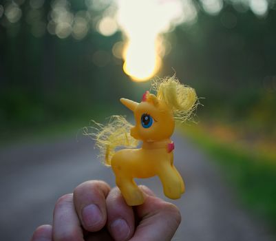 Hand holding yellow toy unicorn, forest road and sunset at background