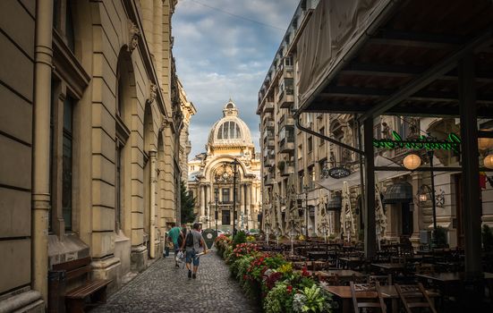 BUCHAREST, ROMANIA - 07.20.2018. Old Center of Bucharest, Romania in a cloudy summer morning. Sullen and unpleasant atmosphere, dirty streets and shabby buildings.