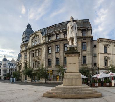 BUCHAREST, ROMANIA - 07.20.2018. Old Center of Bucharest, Romania in a cloudy summer morning. Sullen and unpleasant atmosphere, dirty streets and shabby buildings.