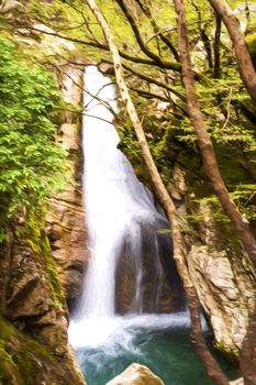 Small waterfall on the path of Mavri Spilia (literally Black Cave), close to Proussos village, Greece - Digital painting