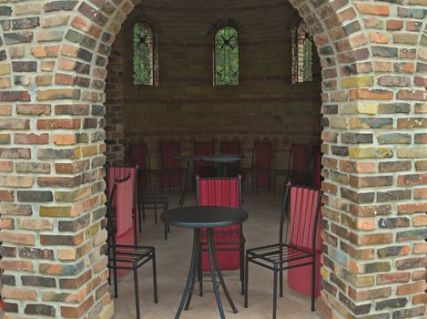 Bricks entrance into empty cafe with chairs and tables