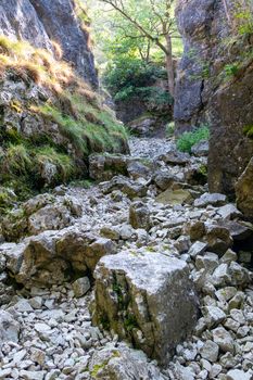 View of a dry river bed near the village of Conistone in the Yorkshire Dales National Park