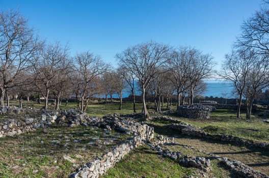 Courtyard of medieval castle of Platamonas. It is a Crusader castle in northern Greece and is located southeast of Mount Olympus. Pieria - Greece