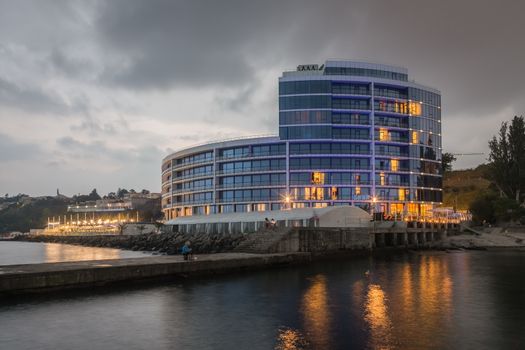 ODESSA, UKRAINE - 27.07.2018. Maristella marine residence on 10th station of the Big Fountain in a summer evening. Panorama view.