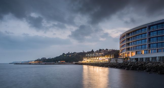 ODESSA, UKRAINE - 27.07.2018. Maristella marine residence on 10th station of the Big Fountain in a summer evening. Panorama view.