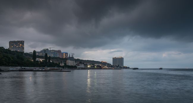 ODESSA, UKRAINE - 27.07.2018. Maristella marine residence on 10th station of the Big Fountain in a summer evening. Panorama view.