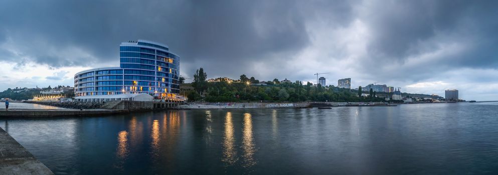 ODESSA, UKRAINE - 27.07.2018. Maristella marine residence on 10th station of the Big Fountain in a summer evening. Panorama view.