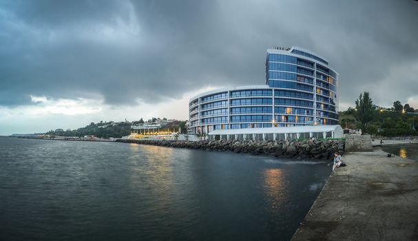 ODESSA, UKRAINE - 27.07.2018. Maristella marine residence on 10th station of the Big Fountain in a summer evening. Panorama view.