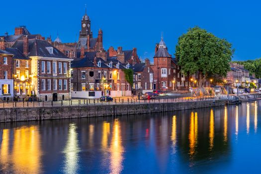 York cityscape along river ouse sunset dusk, York Yorkshire England UK.