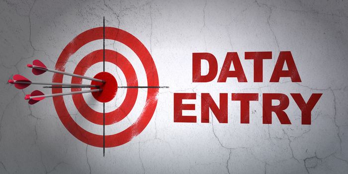 Success Information concept: arrows hitting the center of target, Red Data Entry on wall background, 3D rendering