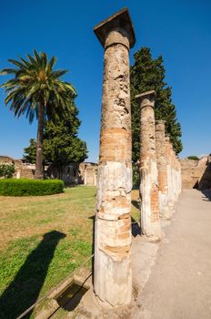 Ruins of the ancient roman city of Pompeii, which was destroyed by volcano, Mount Vesuvius, about two millenniums ago, 79 AD