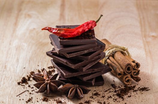 Stack of Dark Chocolate with Different Spices