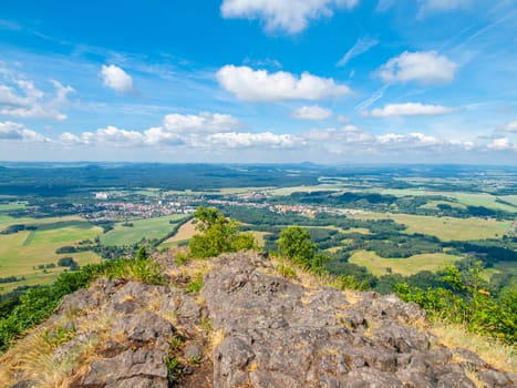 Rural landscape around Mimon on sunny summer day, view from Ralsko mountain, Czech Republic.