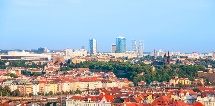 Prague cityscape. Skyline with modern building of Pankrac. Sunny summer day, Praha, Czech Republic.