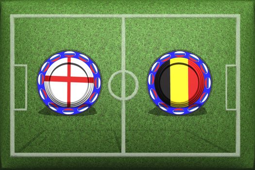 Football, World Cup 2018, Game Group G, England - Belgium, Thursday, June 28, Button with national flags on the green grass.
