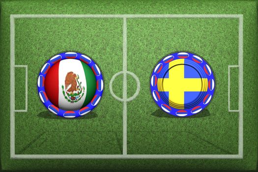 Football, World Cup 2018, Game Group F, Mexico Sweden, Wednesday, June 27, Button with national flags on the green grass.