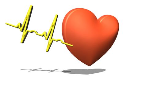 Red heart on a white background. Pulse rate chart. Electrocardiogram. Prevention of heart disease as a 3D rendering.