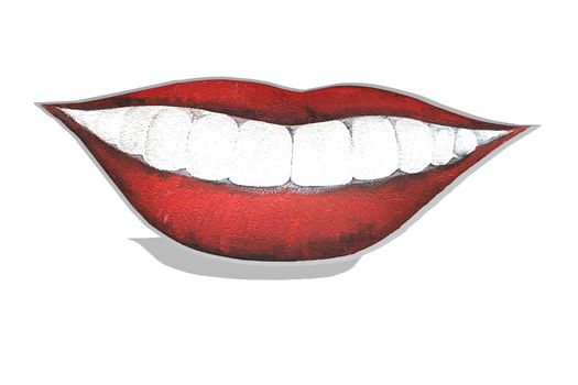 Red lips with a kiss and teeth. Illustration isolated