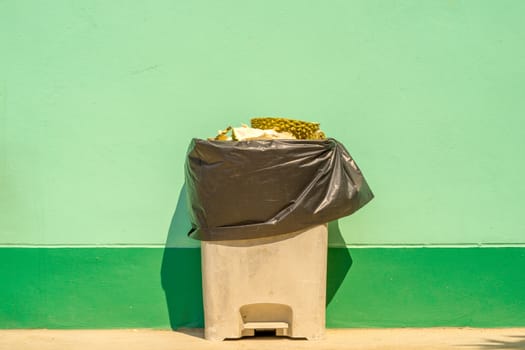 Discard durian peel in trash. Pastel green background