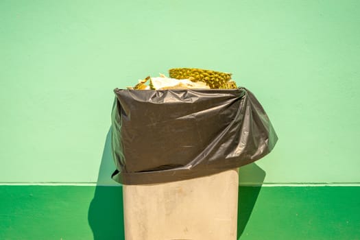 Discard durian peel in trash. Pastel green background