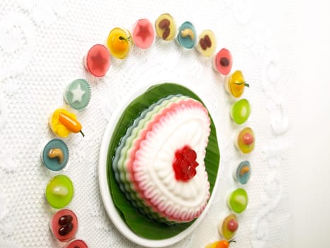 Colorful Coconut jelly Thai dessert with Look Choup , the dessert plated balls