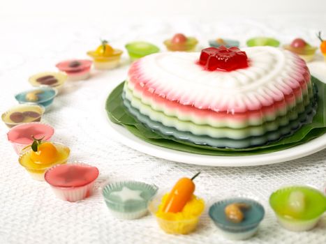 Colorful Coconut jelly Thai dessert with Look Choup , the dessert plated balls