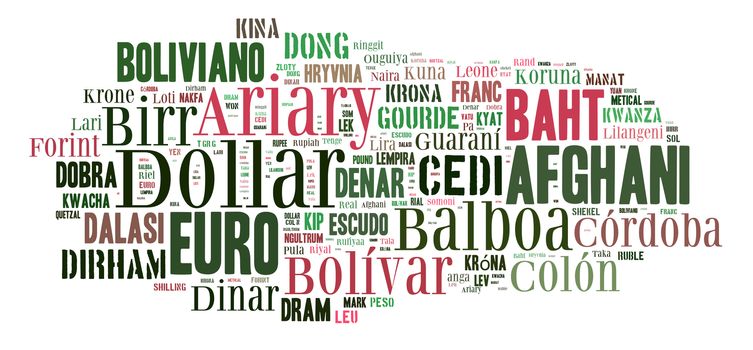 Background concept wordcloud illustration of currencies of the world