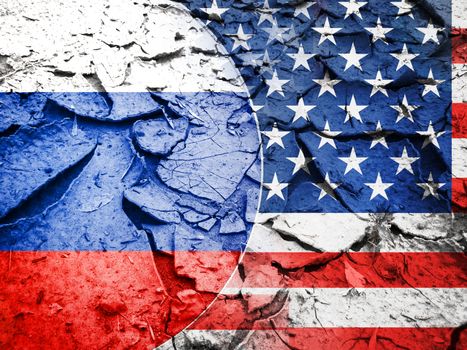 Usa sanction concept, USA flag against Russia flag, on dry cracked earth background