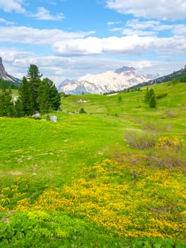 Landscape of Dolomites with green meadows, blue sky, white clouds and rocky mountains.