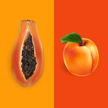 Papaya and apricot on bright orange background