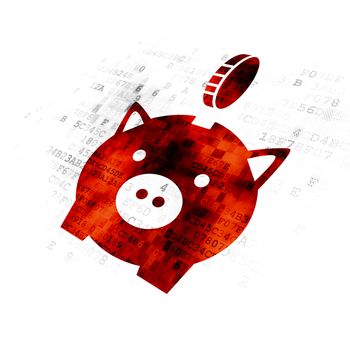 Banking concept: Pixelated red Money Box With Coin icon on Digital background