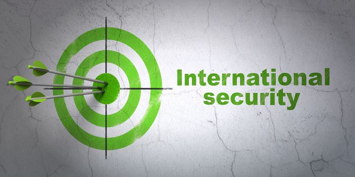 Success safety concept: arrows hitting the center of target, Green International Security on wall background, 3D rendering