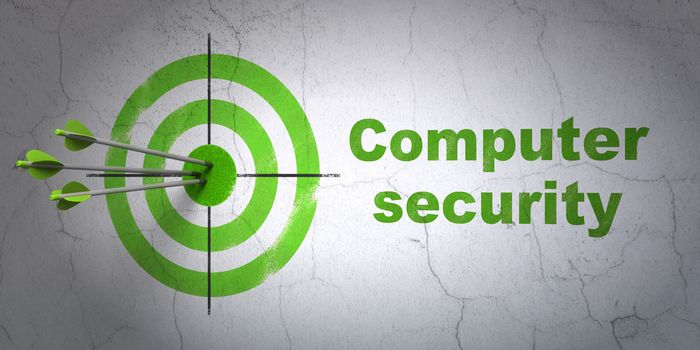 Success privacy concept: arrows hitting the center of target, Green Computer Security on wall background, 3D rendering