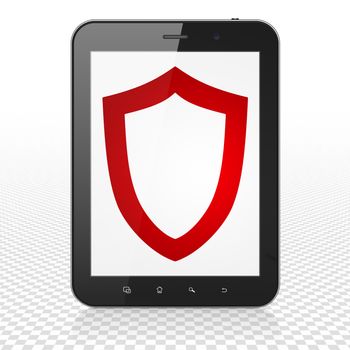 Privacy concept: Tablet Computer with  red Contoured Shield icon on display,  Tag Cloud background, 3D rendering