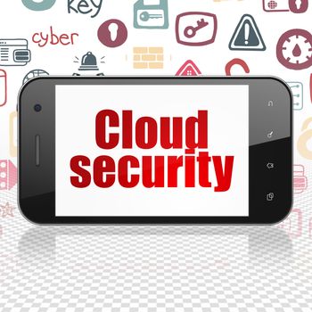 Privacy concept: Smartphone with  red text Cloud Security on display,  Hand Drawn Security Icons background, 3D rendering