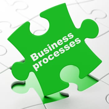 Finance concept: Business Processes on Green puzzle pieces background, 3D rendering