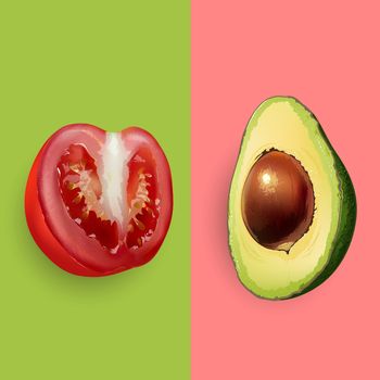 Avocado and tomato on pink and green background.