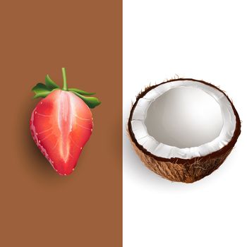 Coconut and strawberry on a chocolate and white background.