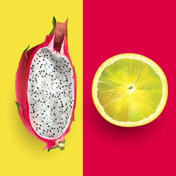 Dragon fruit and lemon on a red and yellow background.