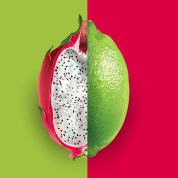 Dragon fruit and lime on a red and green background.
