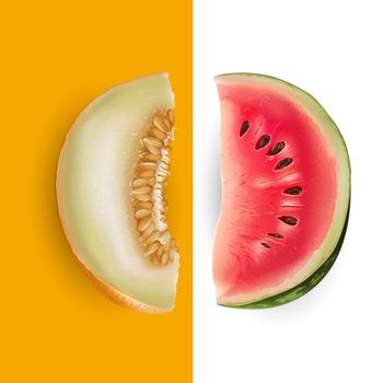 Slice of melon and watermelon on white and yellow background