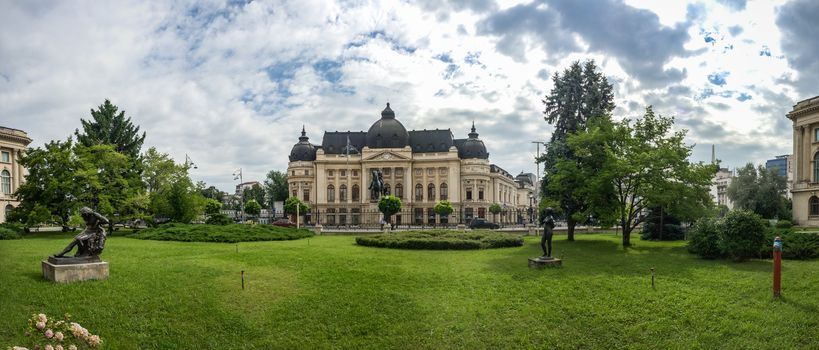 BUCHAREST, ROMANIA - 07.21.2018. Central University Library Bucharest University in Romania. Panoramic view