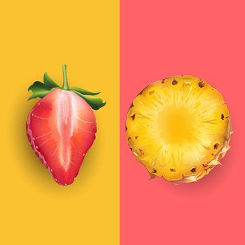 Pineapple and strawberry on a pink and yellow background.