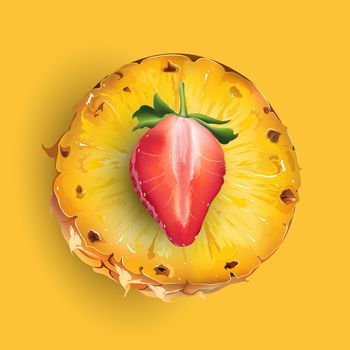 Pineapple and strawberry on a yellow background.